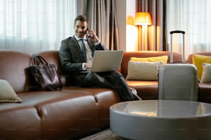 Men, Laptop, Businessman, Hotel Room, Travel, Smart Phone