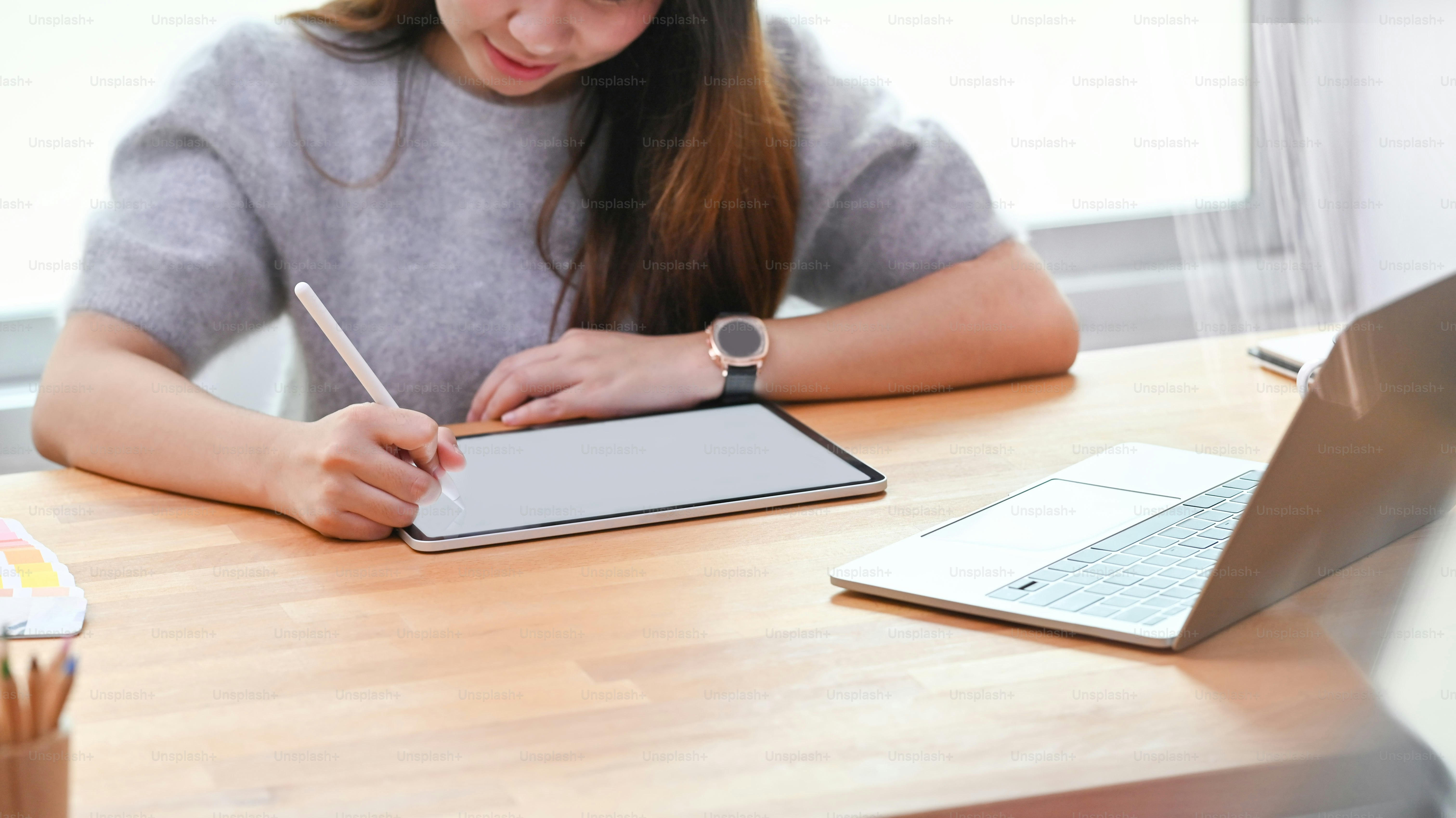 Creativity woman using design project in digital tablet with stylus ...