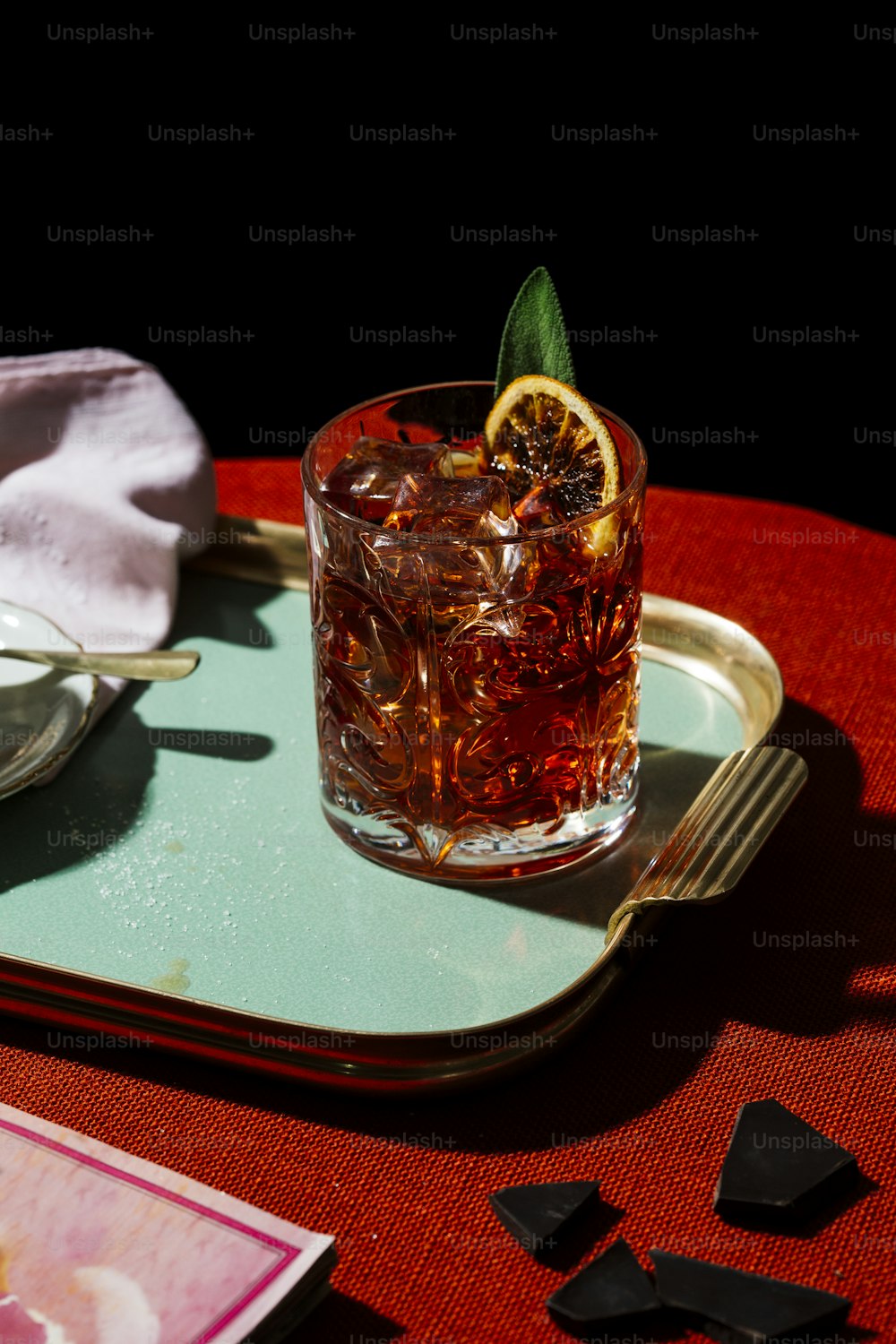 Negroni, an Iba cocktail, with 1/3 gin, 1/3 bitter, 1/3 vermut, in colorful and rich contemporary style.