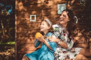 Wonderful bond. Mother and daughter in nature.