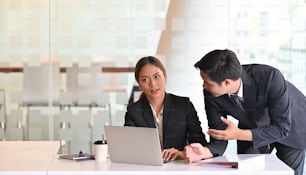 Business consult two people working and talking with startup project.