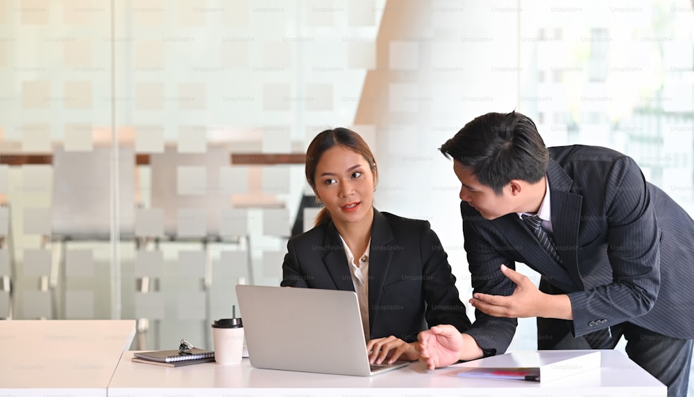 Business consult two people working and talking with startup project.