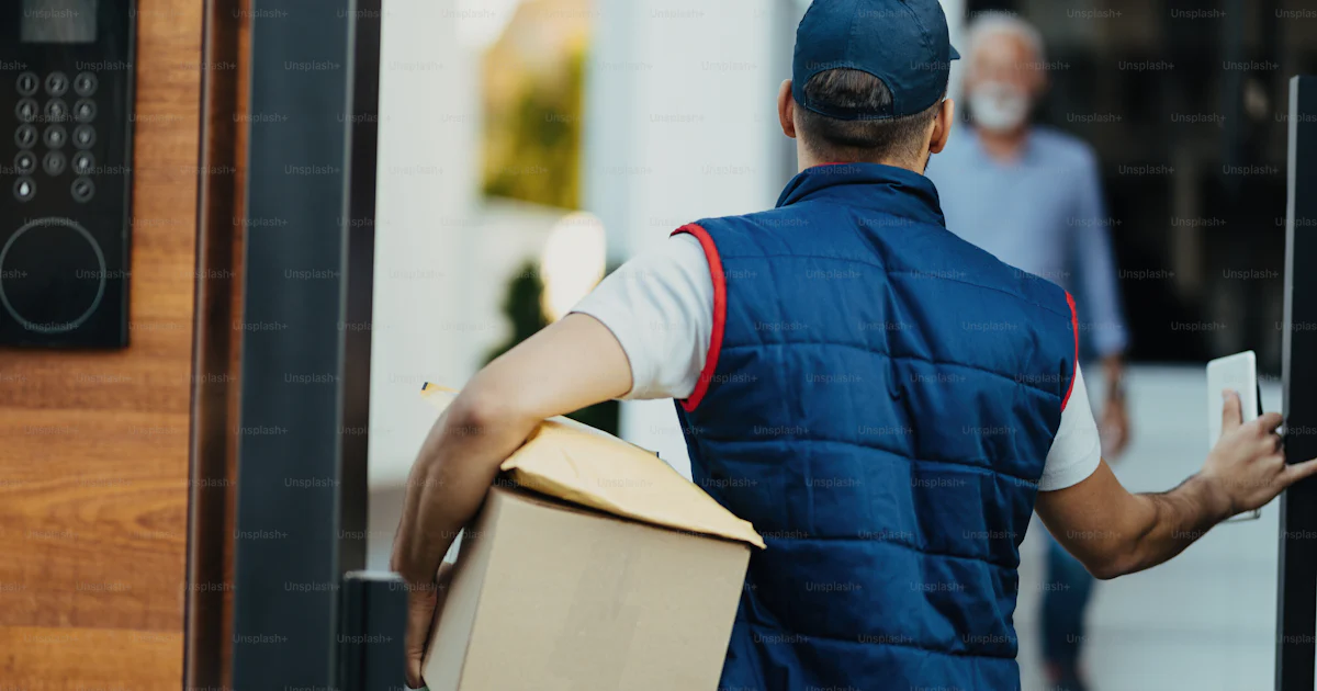 Package Rear View Rear view of courier delivering packages to customer's home. photo ...