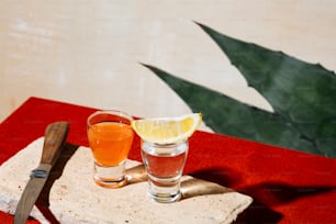 Tequila shot with Sangrita, a customary partner with  orange, lime, tomato or pomegranate. Mexican flag colors