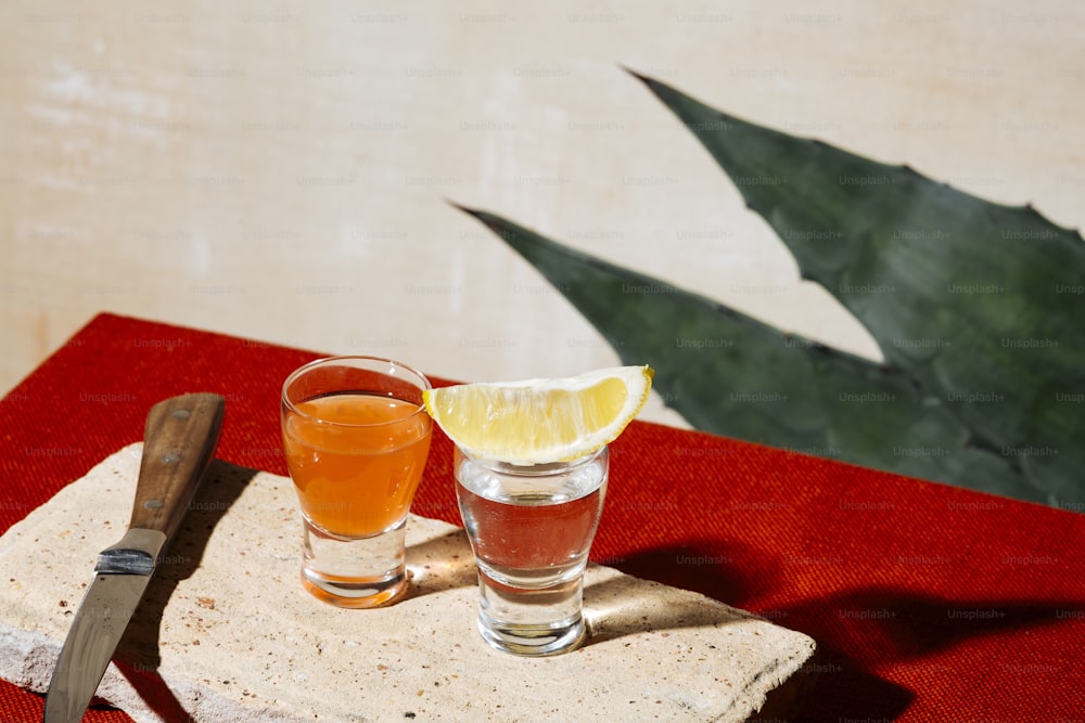 Tequila Shot mit Sangrita, einem üblichen Partner mit Orange, Limette, Tomate oder Granatapfel. Farben der mexikanischen Flagge