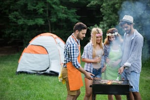 Friends having a barbecue party in nature while having fun