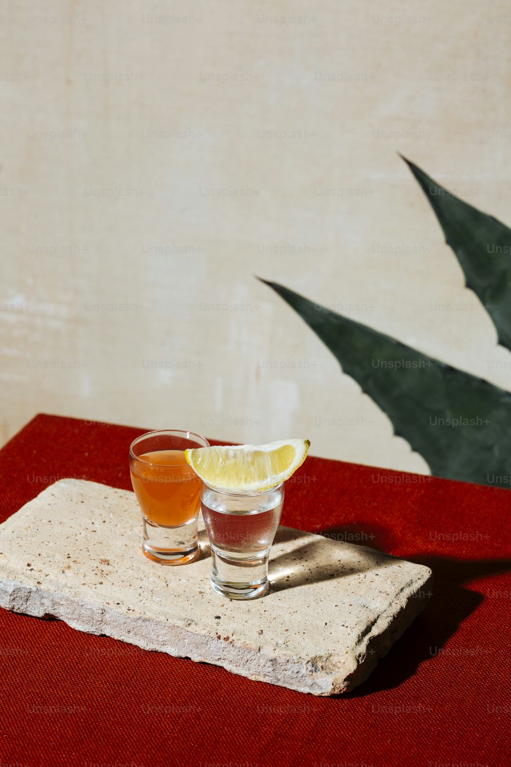 Tequila mit Sangrita, einem üblichen Partner mit Orange, Limette, Tomate oder Granatapfel. Farben der mexikanischen Flagge