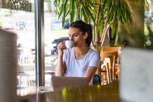 Young beautiful girl sitting at a table in a cafe by the window, drinking cappuccino coffee. Beautiful woman working with laptop from coffee shop. Attractive woman sitting in a cafe with a laptop