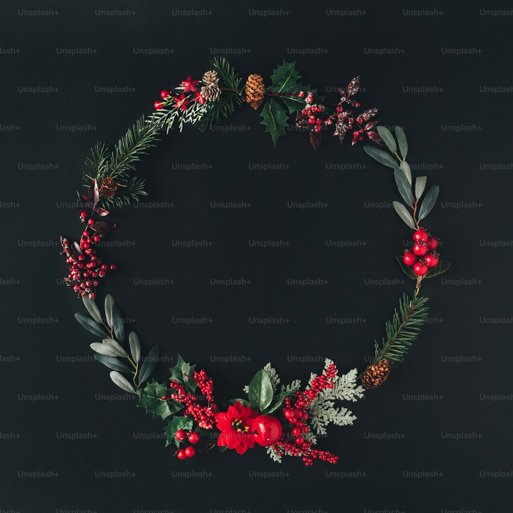 Flat lay background . Christmas wreath concept.