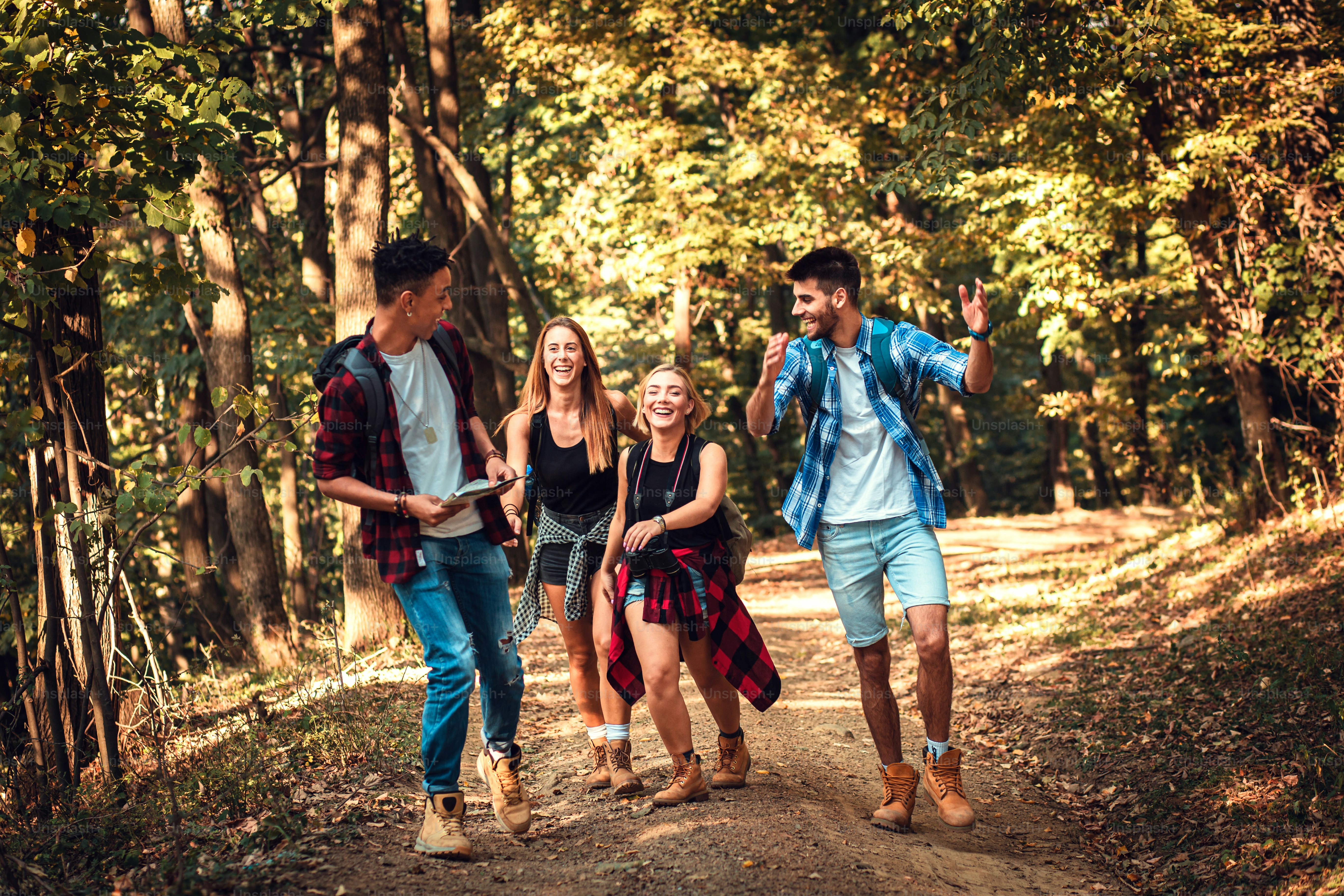 Group of four friends having fun hiking through forest together. photo –  Forest Image on Unsplash