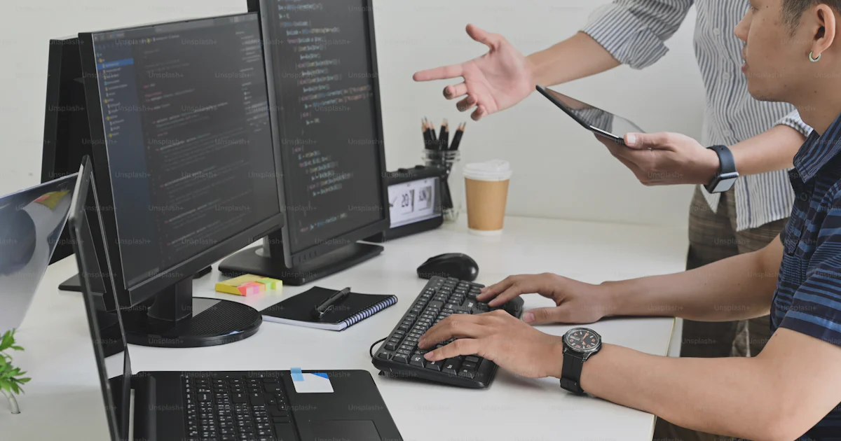 Client Programmer/developer Picture Cropped shot programmer consulting with tablet and computer on ...
