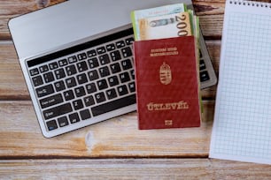 Hungarian forint different mixed banknotes and Magyar passport