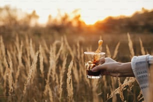 Hand spilling hot coffee from glass cup in sunny warm light on background of countryside rural herbs. Alternative coffee brewing in travel. Atmospheric tranquil moment. Coffee splash