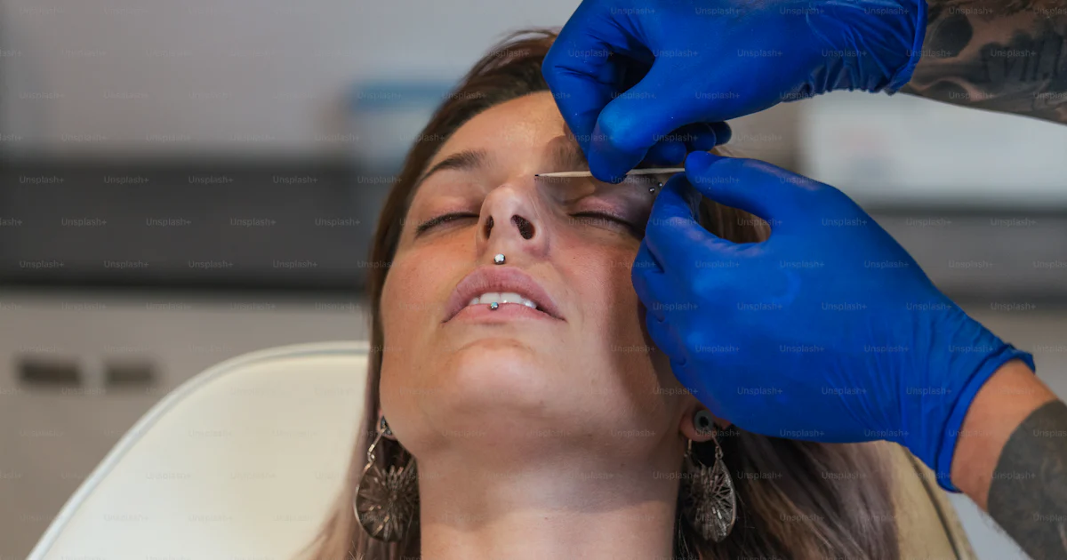 Man showing a process of piercing with sterile medical equipment and