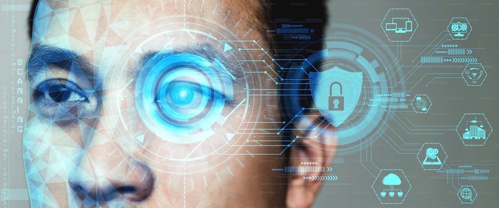 Zukünftige Cybersicherheit Datenschutz durch biometrisches Scannen mit menschlichem Auge, um private digitale Daten freizuschalten und zugänglich zu machen. Futuristisches Technologie-Innovationskonzept.