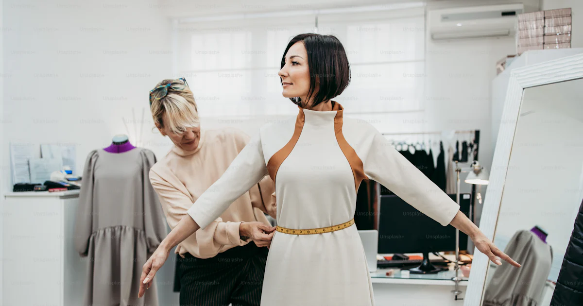 Professional designer working with his customer on a new trendy dress ...