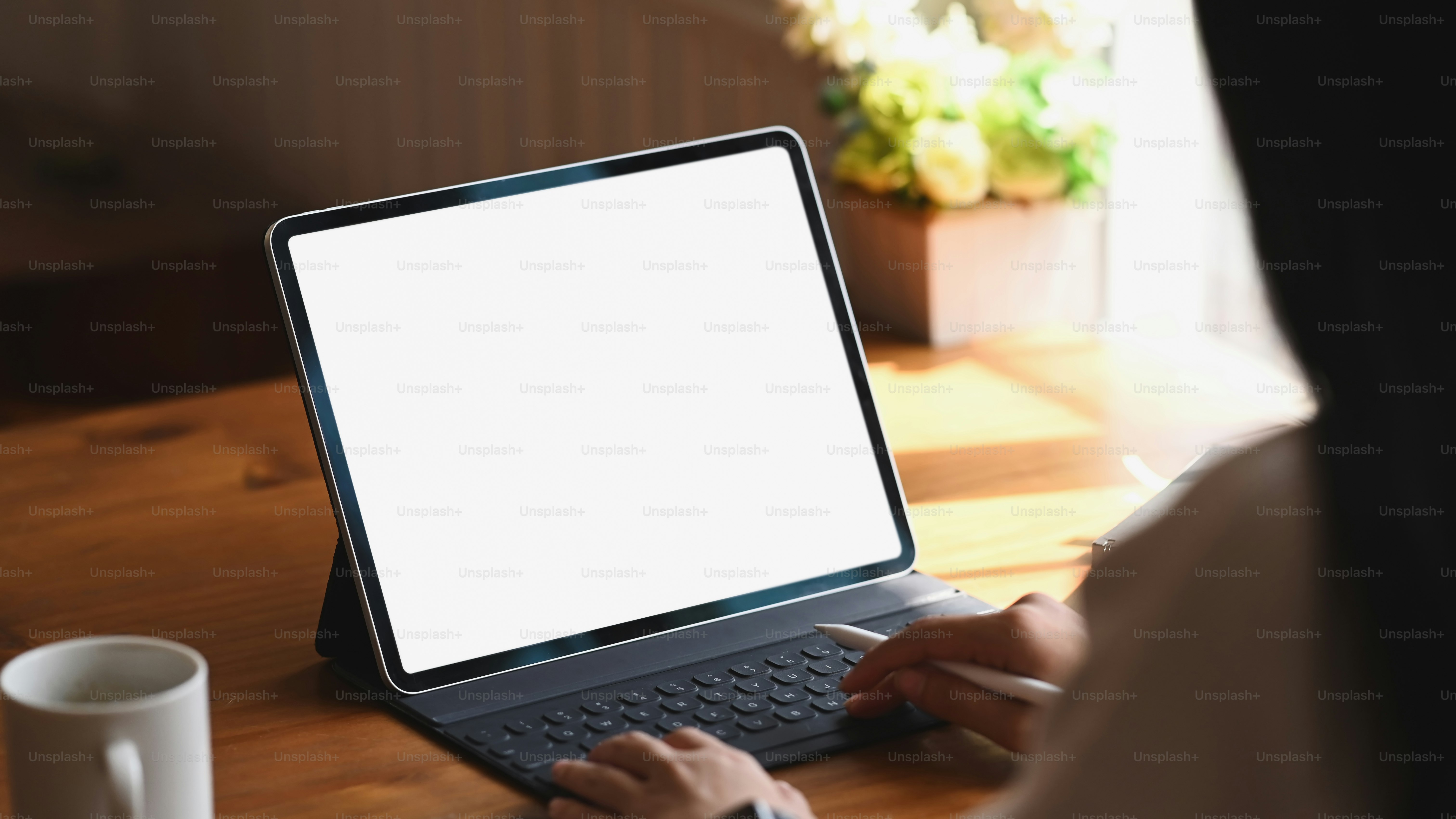 Behind shot female typing her tablet with empty screen.