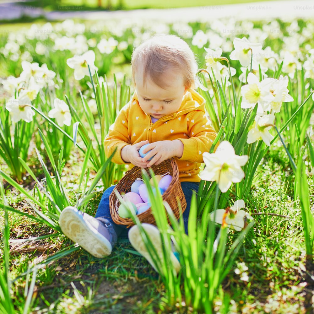 One year old girl playing egg hunt on Easter. Toddler sitting on the grass with many narcissi and gathering colorful eggs in basket. Little kid celebrating Easter outdoors in park or forest