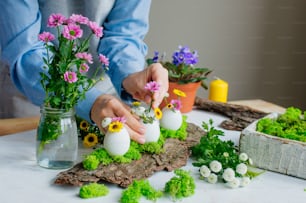 Woman preparing Easter decoration with eggs and flowers inside it on pine bark. Tutorial how to make festive composition for Easter table. Step 3.