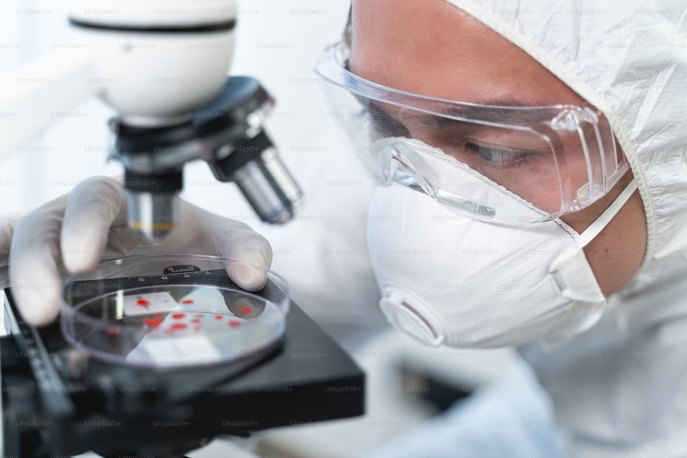 Attentive international researcher wearing protective uniform while studying coronavirus disease for inventing antiviral vaccine