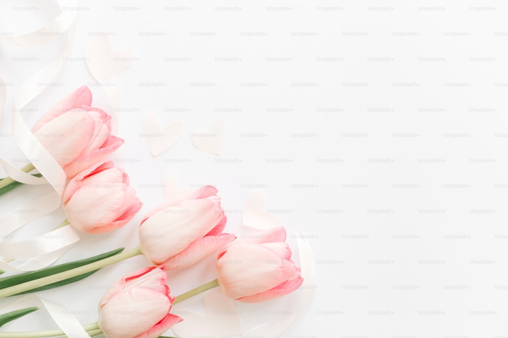 흰색 배경에 리본과 하트가 있는 분홍색 튤립, 평평한 누워. 세련 된 부드러운 스프링 이미지. 행복한 여성의 날. 텍스트를 위한 공간이 있는 인사말 카드 모형입니다. 행복한 어머니의 날. 안녕하세요 봄
