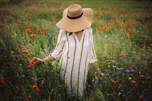 Mujer joven con vestido de lino y sombrero disfrutando de la noche rural entre amapolas y acianos en el campo. Muchacha elegante en vestido rústico caminando en flores silvestres en luz cálida en prado de verano.