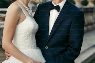 wedding couple hugging on background of old castle. elegant bride and groom gently embracing. man in classic suit with bow tie and woman in white dress with pearls. space for text.