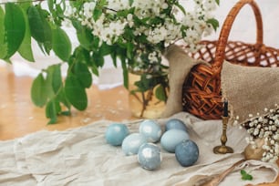 春の花、バスケット、リネンの布と素朴なテーブルの上のモダンなイースターエッグ。赤キャベツの天然染料で描かれたスタイリッシュなパステルブルーのイースターエッグ。イースターおめでとう。田舎の静物画