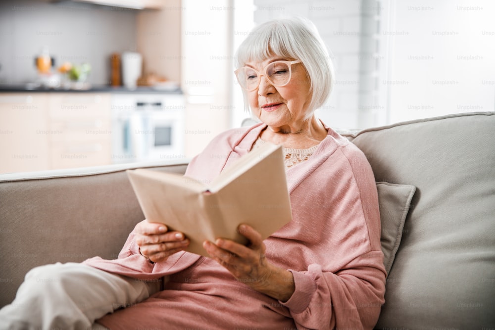 Old lady sitting on couch and enjoying interesting novel stock photo