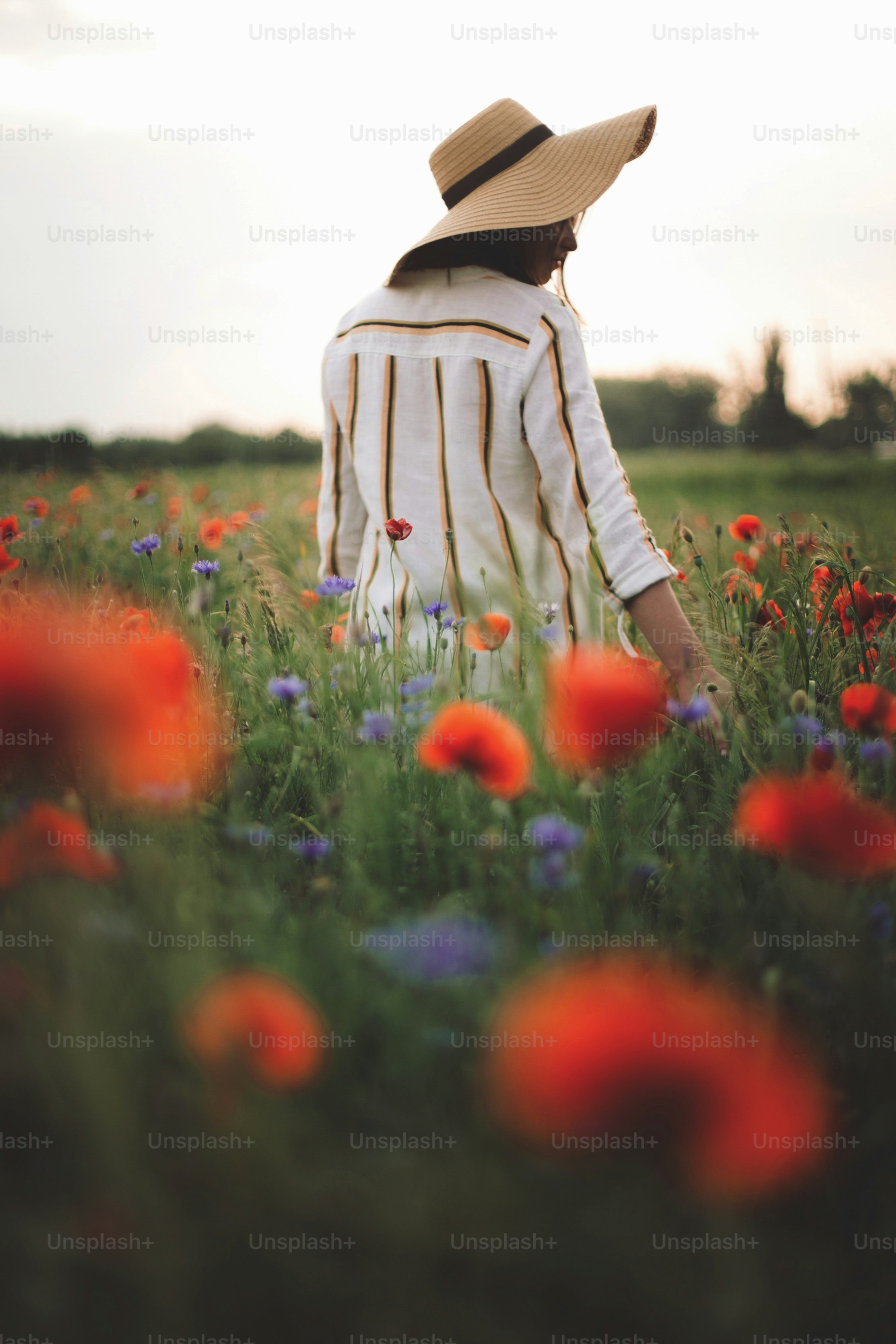 Young woman in rustic linen dress walking among poppy and cornflowers in summer meadow countryside in sunset light. Rural slow life. Enjoying simple life. Girl in hat in wildflowers