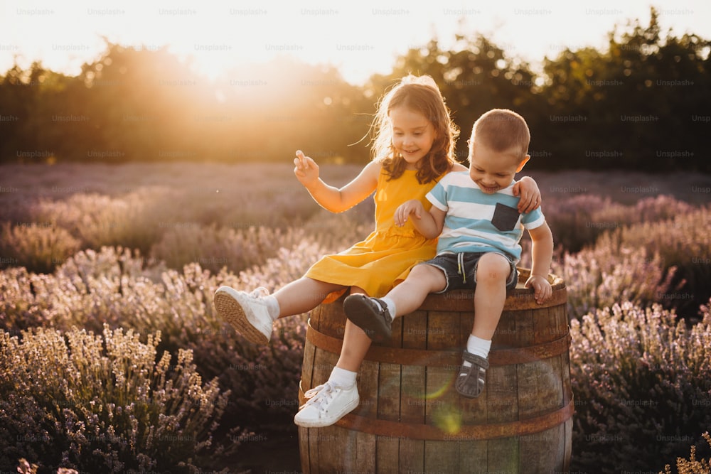 Caucasian boy having joy with his bigger sister sitting on a barrel with a lavender field on background