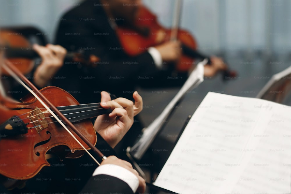 Elegante quartetto d'archi che si esibisce al ricevimento di nozze nel ristorante, bell'uomo in giacca e cravatta che suona il violino e il violoncello al primo piano dell'orchestra del gioco teatrale, concetto di musica