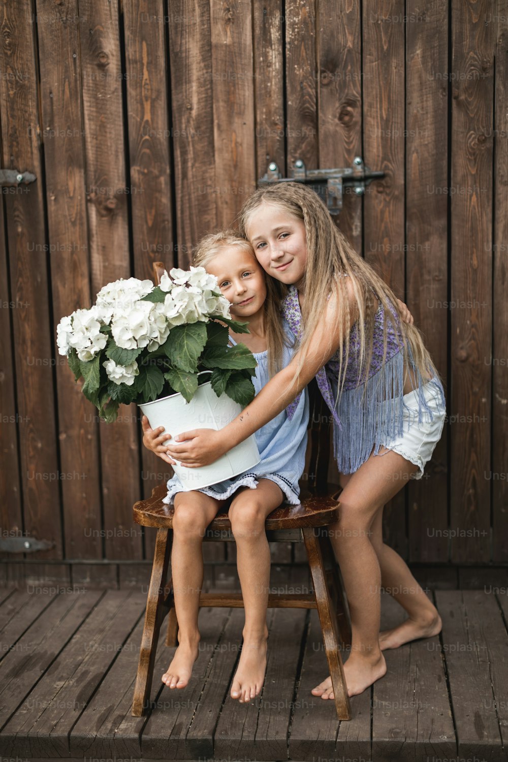 Happy smiling little girls sisters on wooden barn wall background, one girl is sitting on the wooden chair with bouquet of hydrangea flowers, another girl standing nearby and hugging.