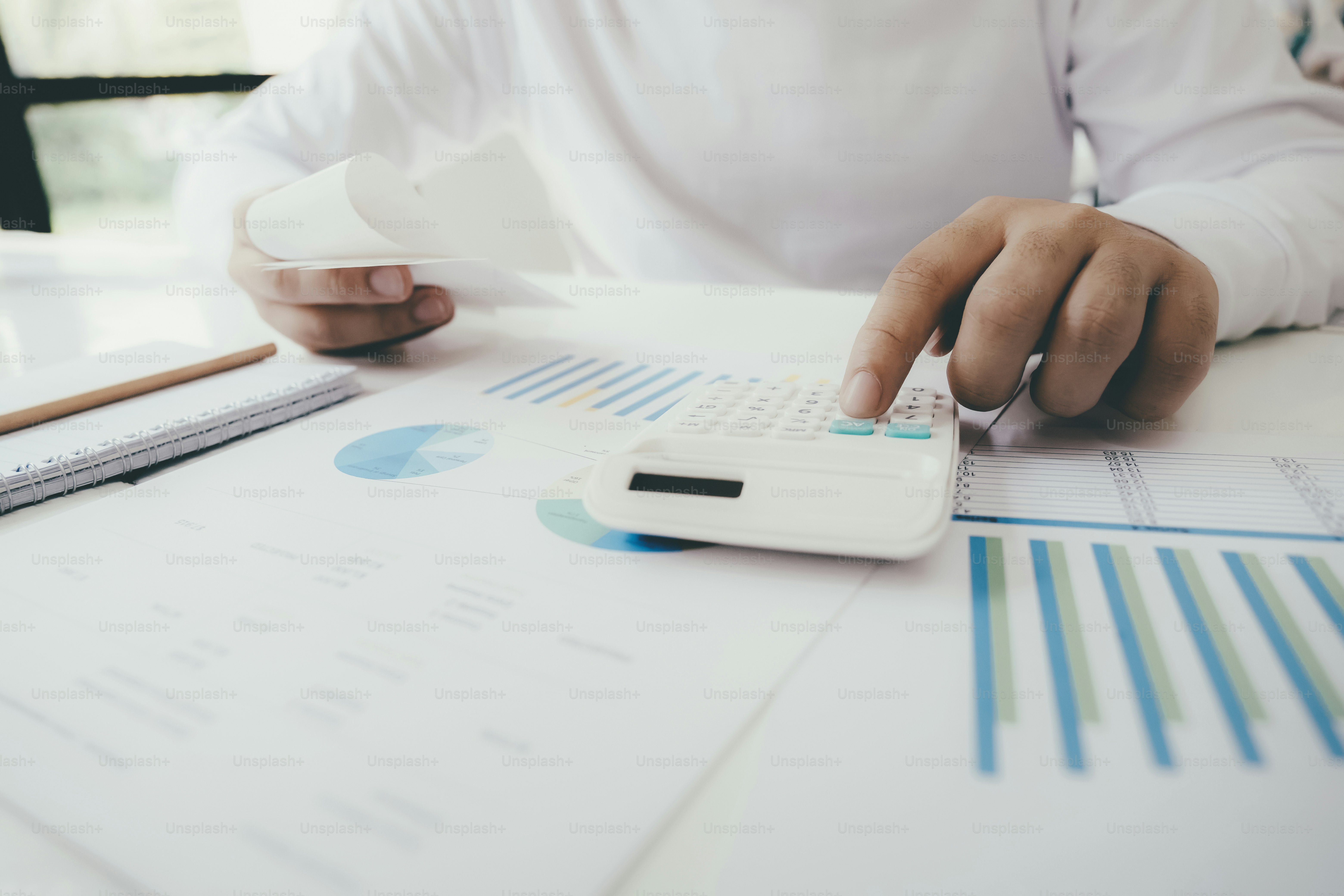 Finances Saving Economy concept. Accountant or banker calculate the cash bill