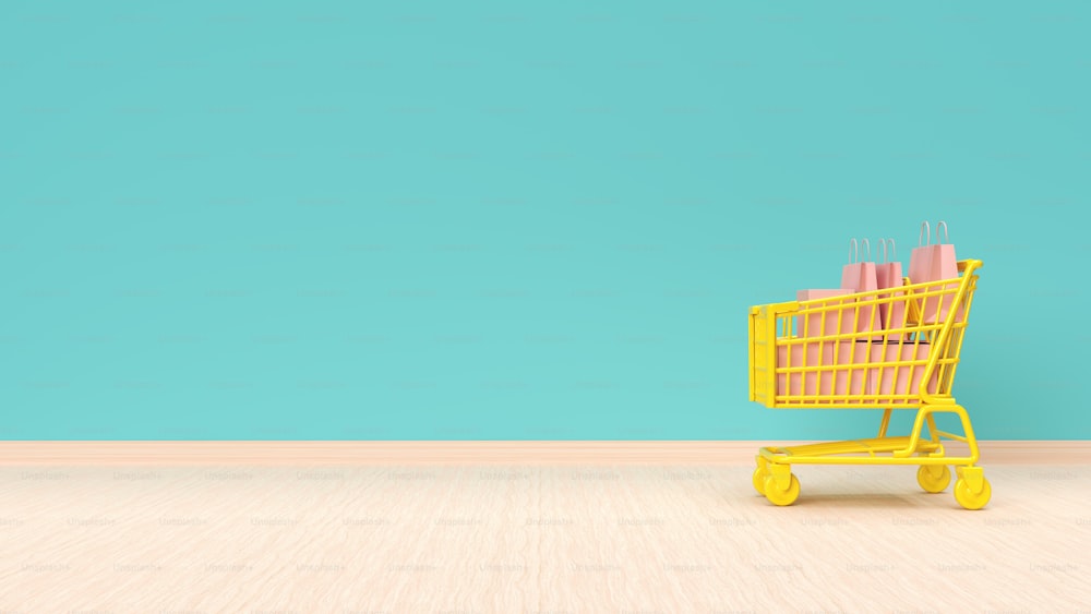 Online shopping concept. Shopping cart with bags and boxes on mint green wall background. 3d illustration.
