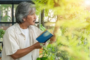Asian senior man relaxing with reading a book in greenhouse garden