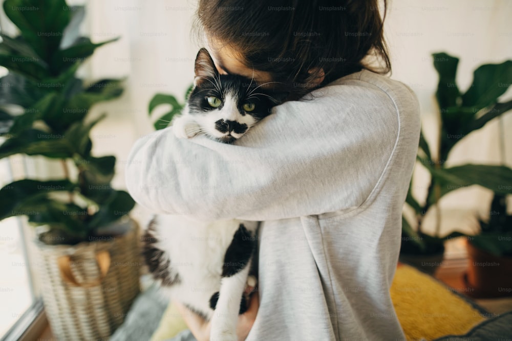 かわいい猫を抱きしめ、コロナウイルスの検疫中に家で一緒に座っているヒップスターの女の子。家にいて、安全を確保してください。ウイルスの流行を防ぐための自宅での隔離。モダンな部屋に猫を連れた若い女性