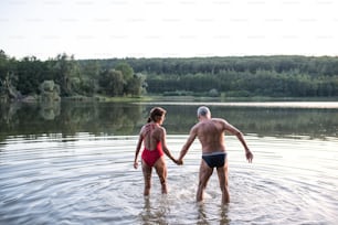 Vista posteriore della coppia senior in costume da bagno in piedi in acqua nel lago all'aperto prima di nuotare.