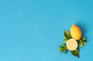 Trendiges Sommermuster mit gelber Zitronenscheibe auf hellblauem Hintergrund. Minimales Sommerkonzept.
