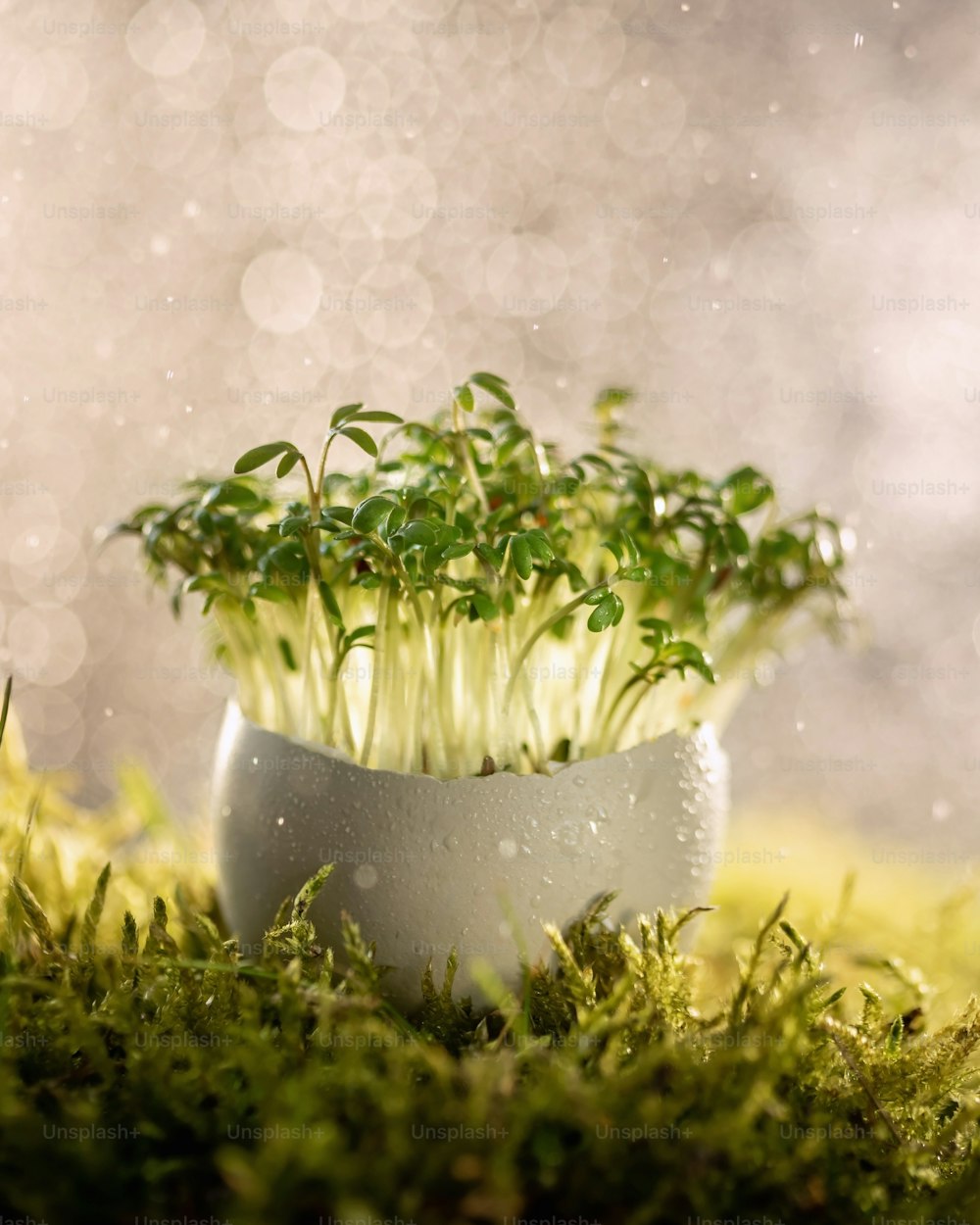 Fresh garden cress microgreens growing from an egg shell