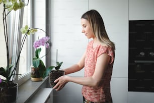 Giovane bella donna che organizza un vaso di vetro del fiore dell'orchidea in casa