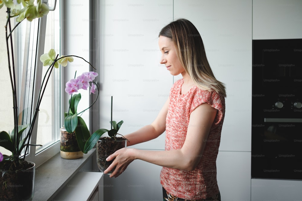 Giovane bella donna che organizza un vaso di vetro del fiore dell'orchidea in casa