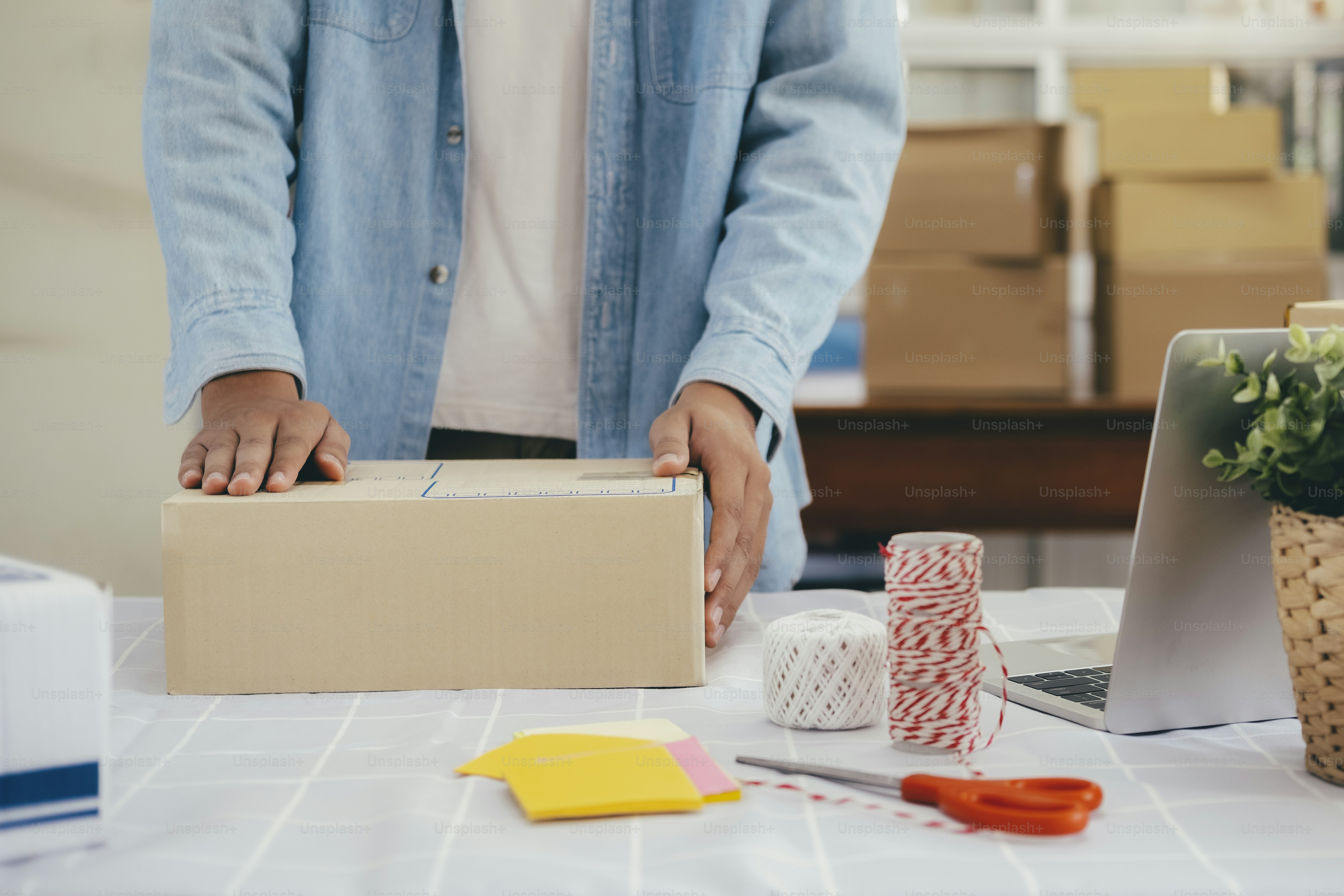 Online small business owner. Young startup entrepreneur online small business owner working at home, packaging and delivery situation.