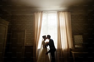 happy luxury bride and groom standing at window light in rich room, tender moment