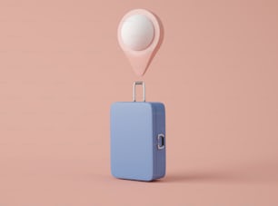 3D Illustration. Mockup of travel suitcase and map pointer against pink background. Travel concept.