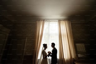 happy luxury bride and groom standing at window light in rich room, tender moment