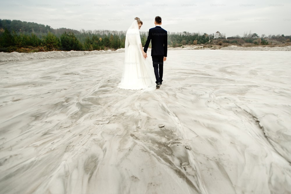 Wunderschöne Braut und Bräutigam, die Händchen halten und sich am Sandstrandsee ansehen, wahre Emotionen