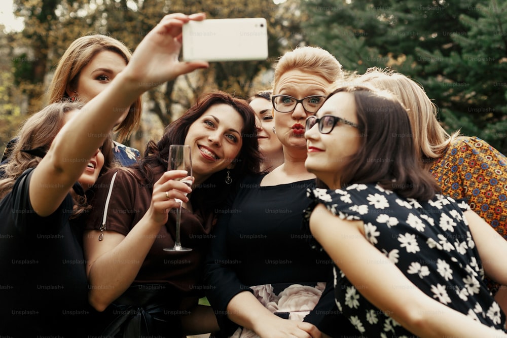 stylish elegant women taking funny selfie at celebration sunny in park, luxury happy life concept