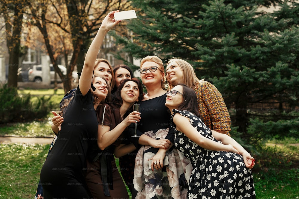 mulheres elegantes e elegantes tirando selfie engraçada na celebração ensolarada no parque, conceito de vida feliz de luxo