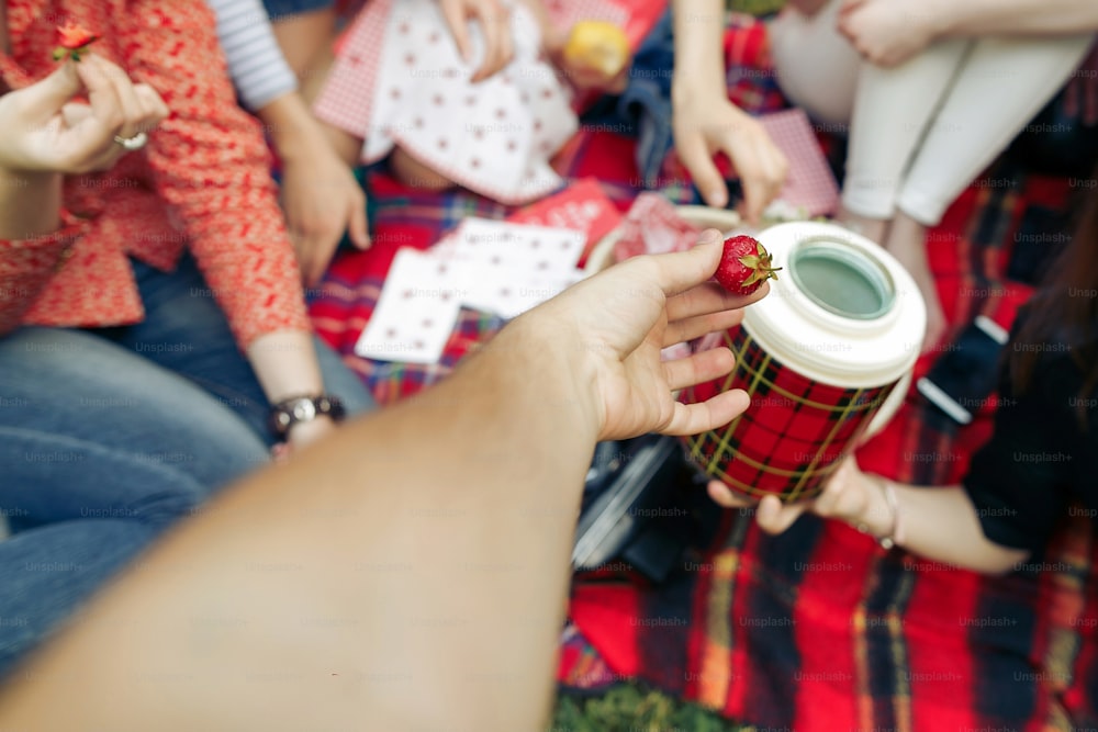 イチゴ、ピクニックバスケット、アナログ写真カメラ、赤い毛布の上の瓶を保持する手、夏の公園のお祝い、ヴィンテージ